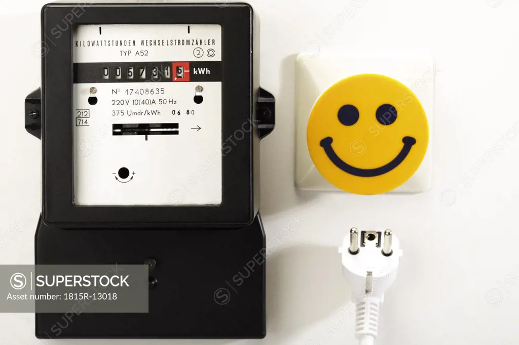 Electricity meter, socket, plug and night light with smiley logo