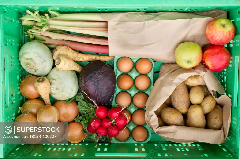 Variety of vegetables in crate, close up