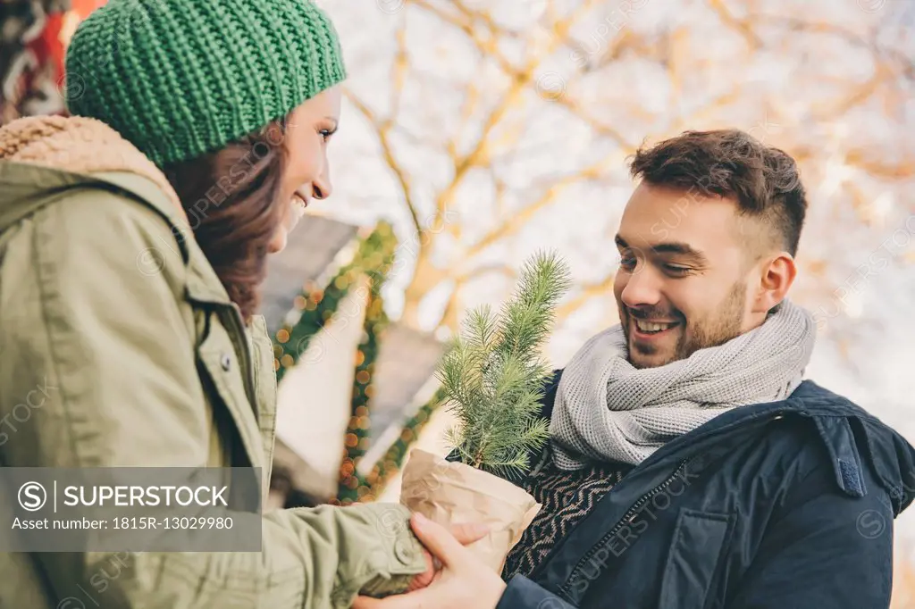 Man receiving a small tree in a pot from a woman on Christmas Market