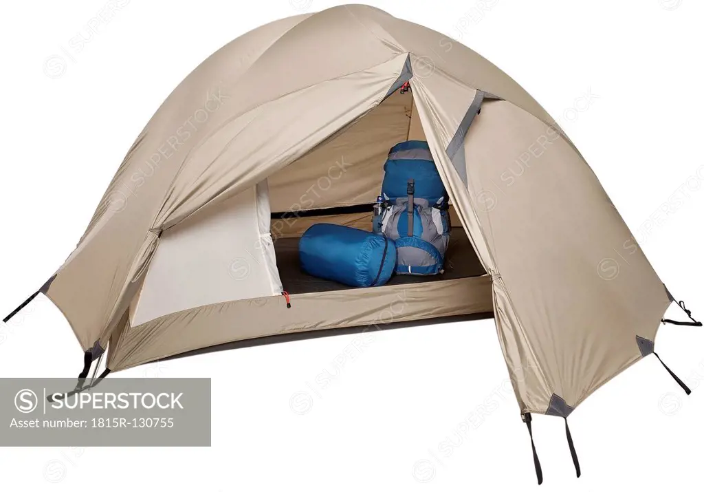 Dome tent with canopy on white background, close up