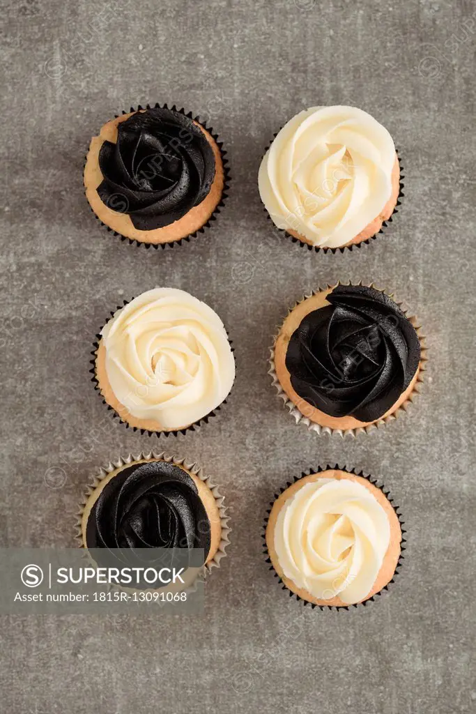 Six cup cakes with black and cream coloured buttercream topping