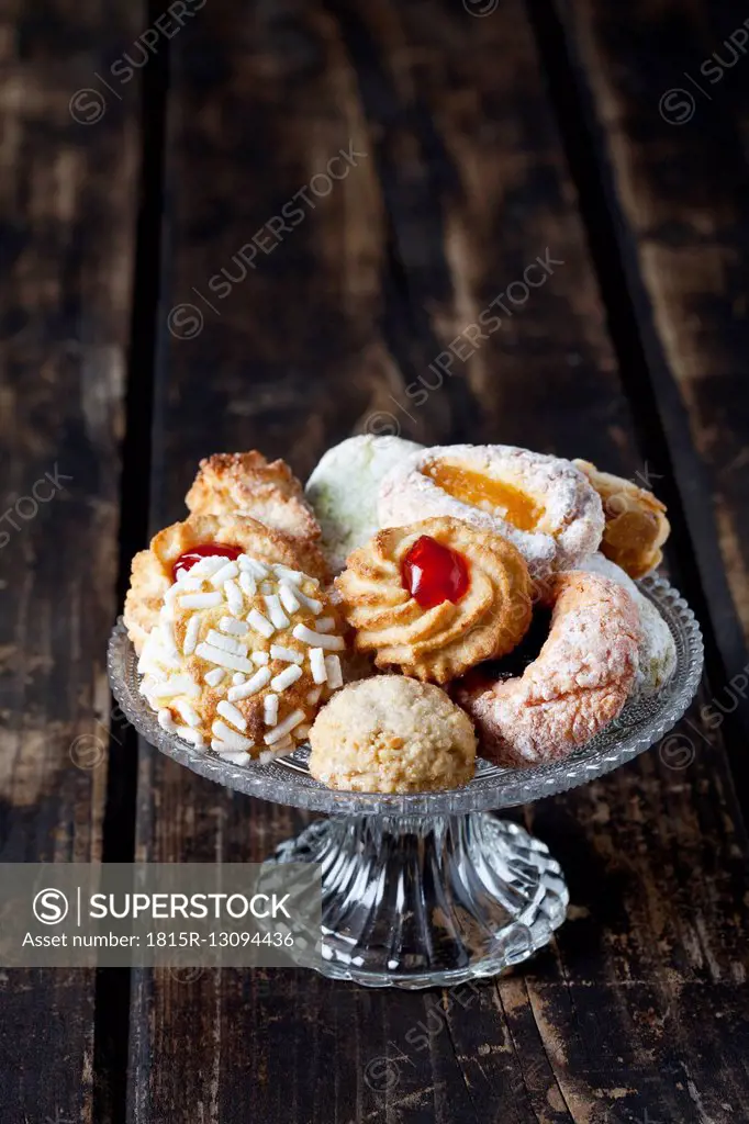 Different sorts of Italian almond cookies on a cake stand