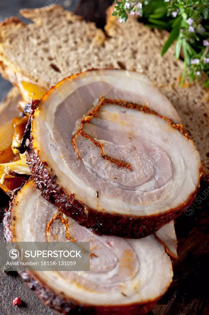 Slices of rolled roast pork, close up