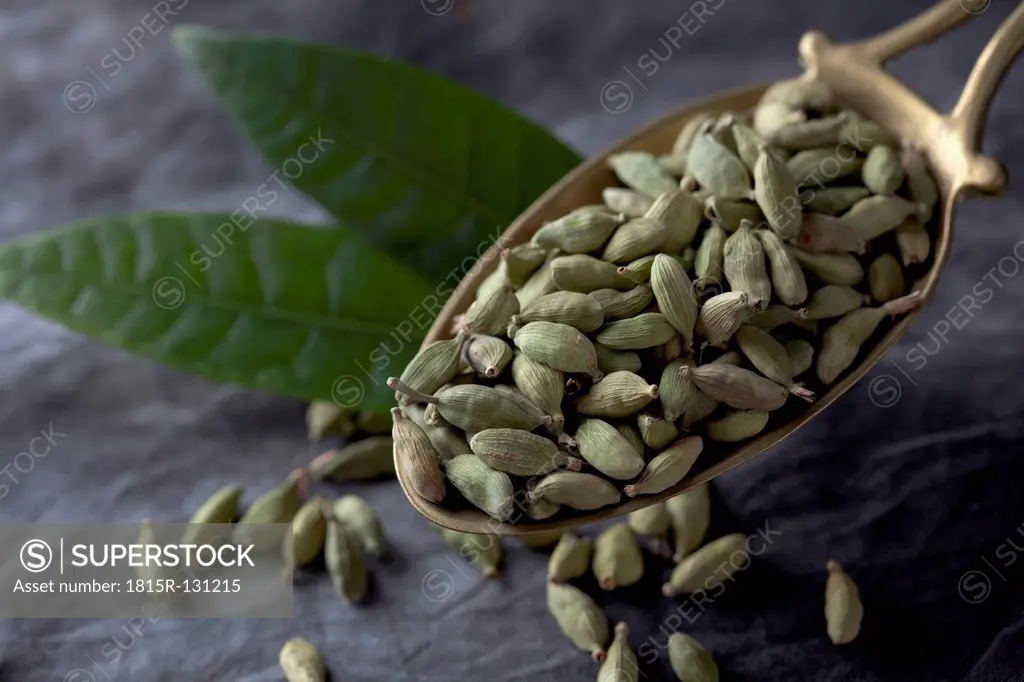 Brass spoon with cardamom seeds and leaves on textile, close up