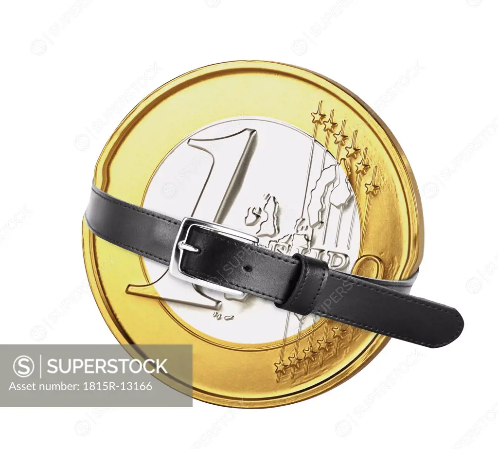 Belt tied around euro coin, close-up