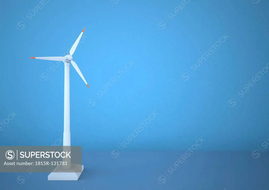 Illustration of white wind turbine on blue background