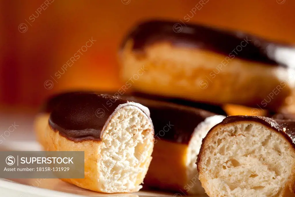 Chocolate covered donuts, close up