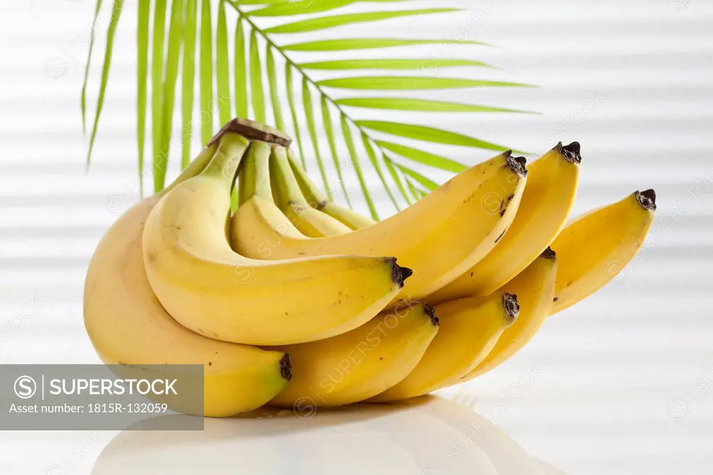 Bunch of bananas with palm leaf, close up