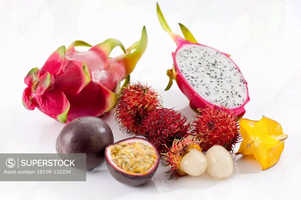 Varieties of fruits on white background, close up