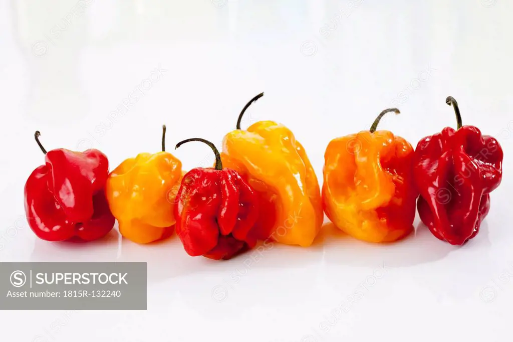 Red and yellow habaneros peppers on white background