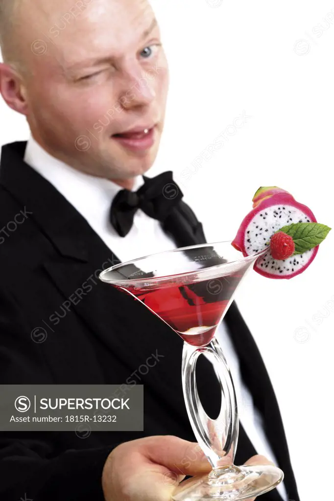 Bartender serving cocktail, portrait, tilt view