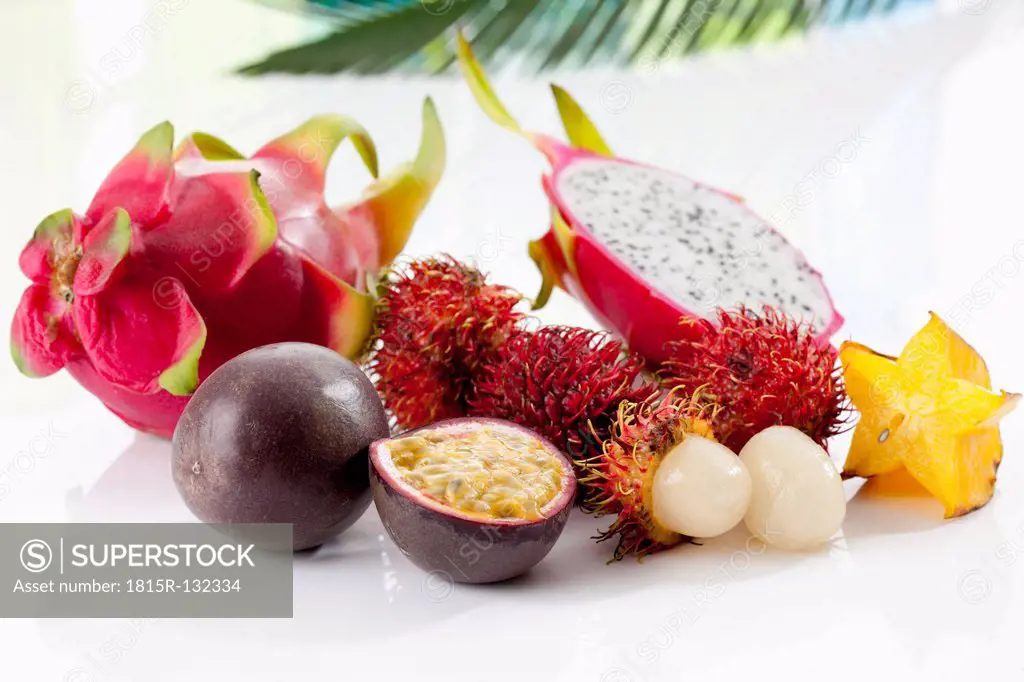 Varieties of fruits on white background, close up