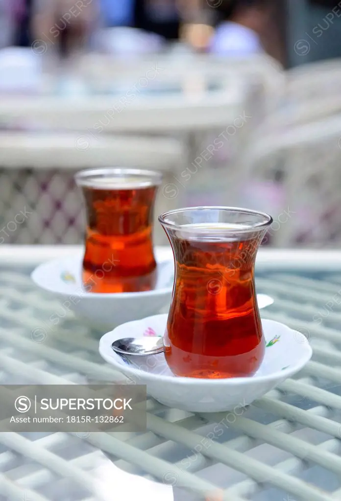 Turkey, Istanbul, Turkish tea in glass on table