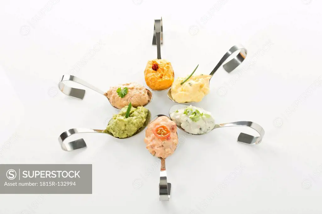 Variety of spreads on spoons with tuna, egg, tomato with mozzarella, ham, liptauer and avocado on white background