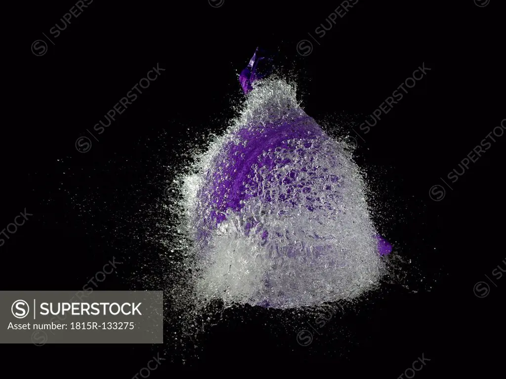 Purple waterballoon bursting against black background, close up