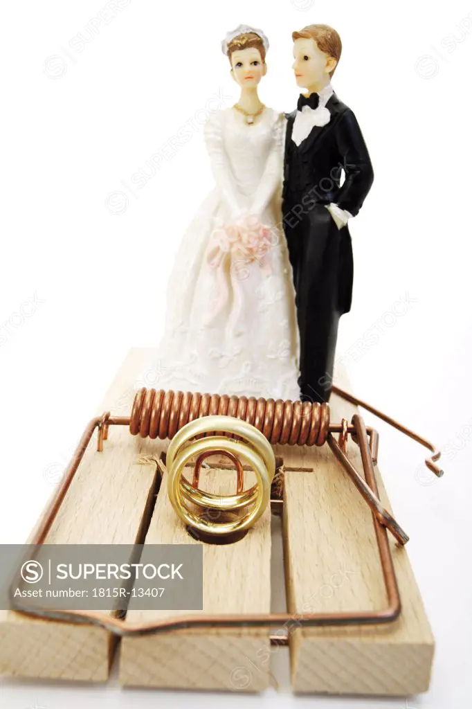 Wedding couple standing behind mouse trap, close-up