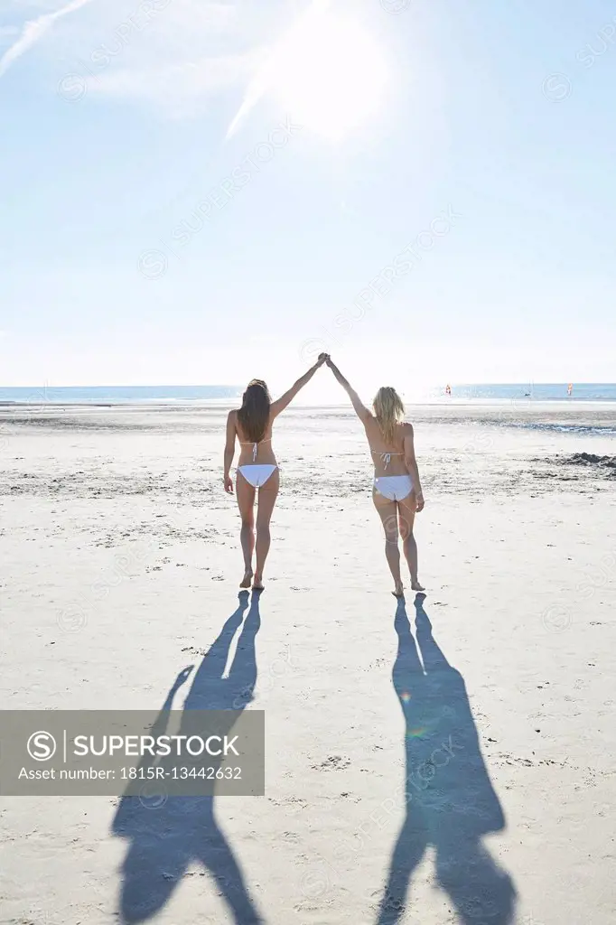 Two female friends in bikini walking hand in hand on the beach
