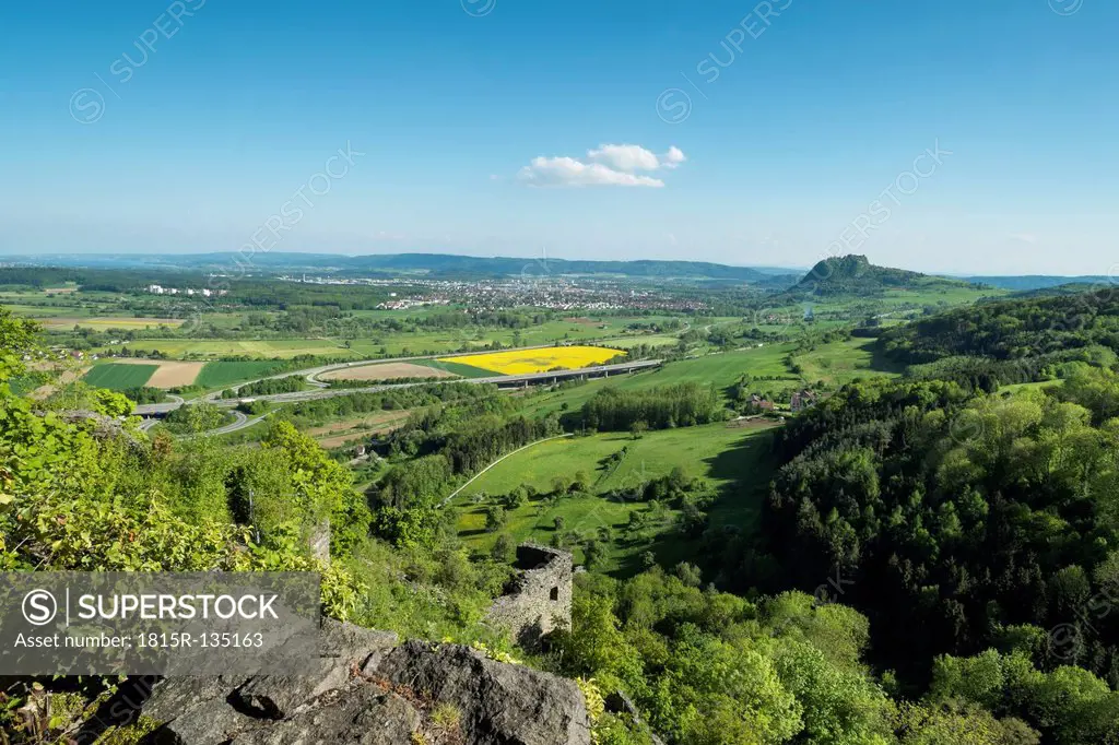 Germany, View of Hegau landscape in spring and Hohenkraehen castle
