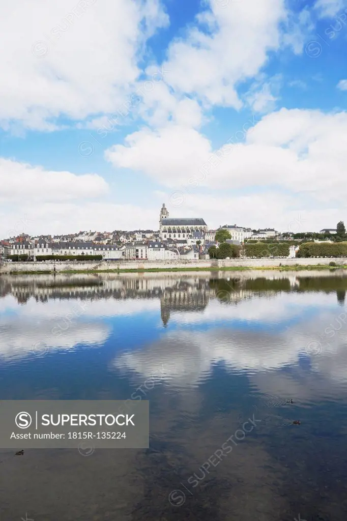 France, Blois, View of Jacques Gabriel bridge and Saint Louis cathedral