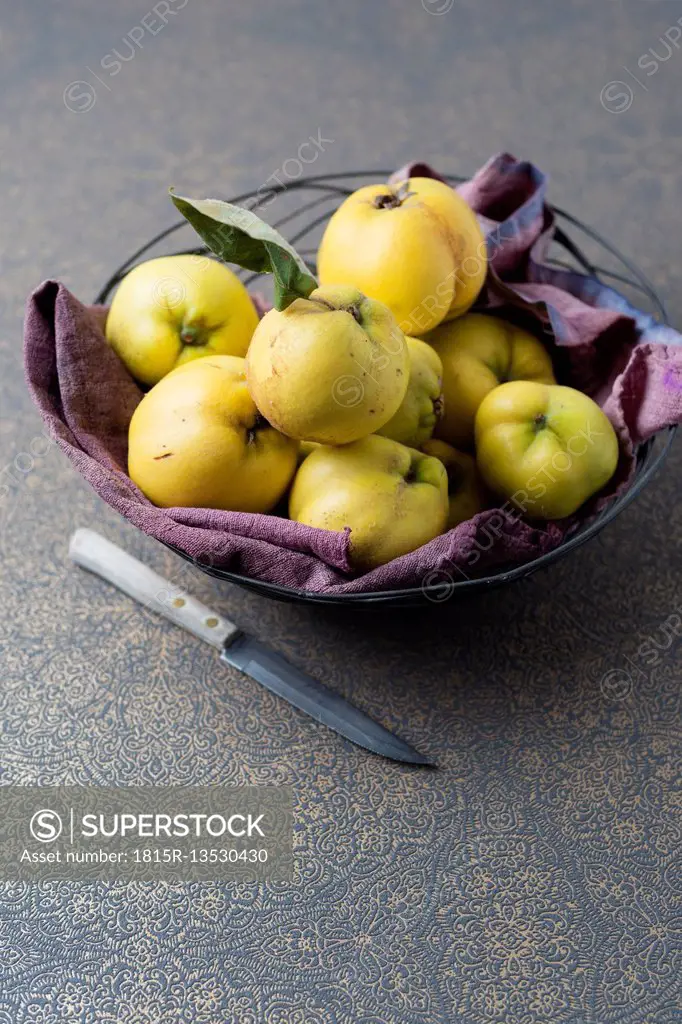 Fruit bowl of quinces and a knife