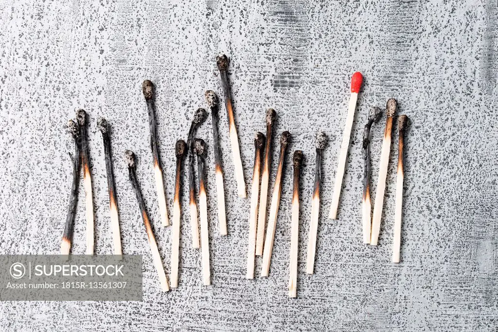 Red match between burned matches