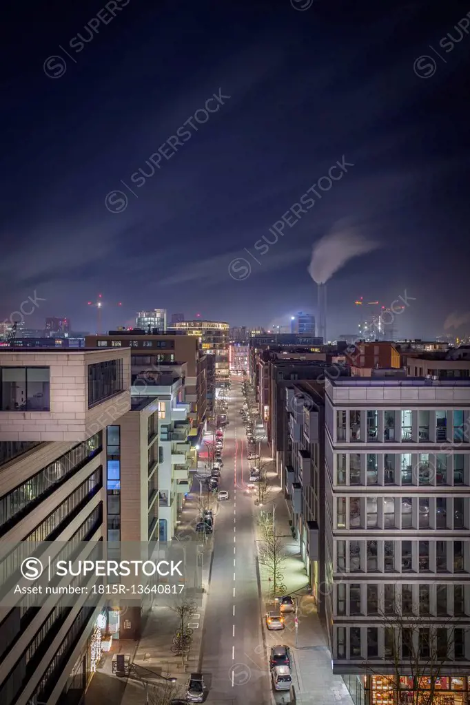 Germany, Hamburg, street at Hafencity at night seen form above