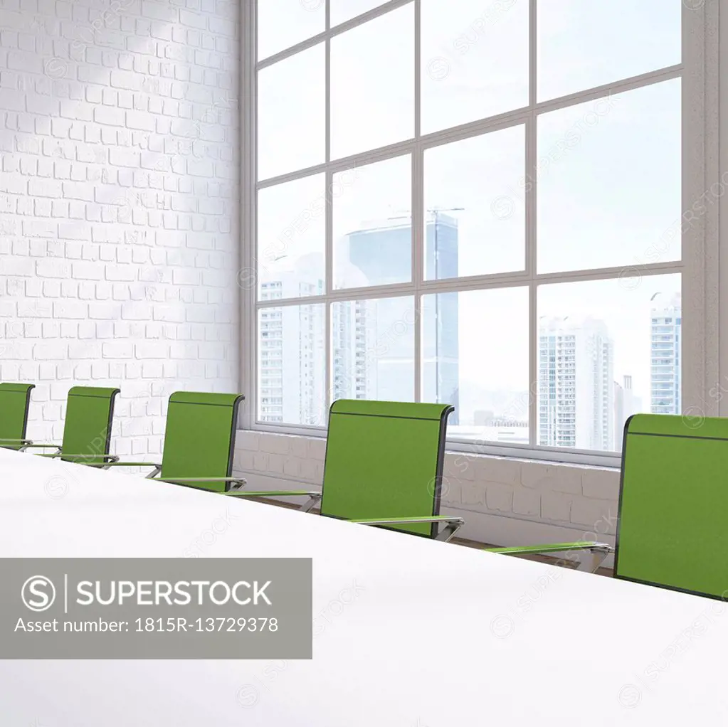 Empty conference room with view at skyscrapers, 3D Rendering