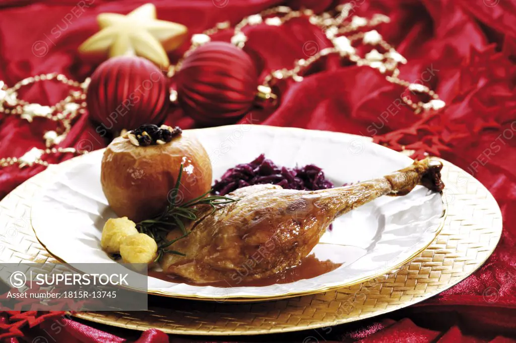 Roast goose with side dishes and christmas dekoration