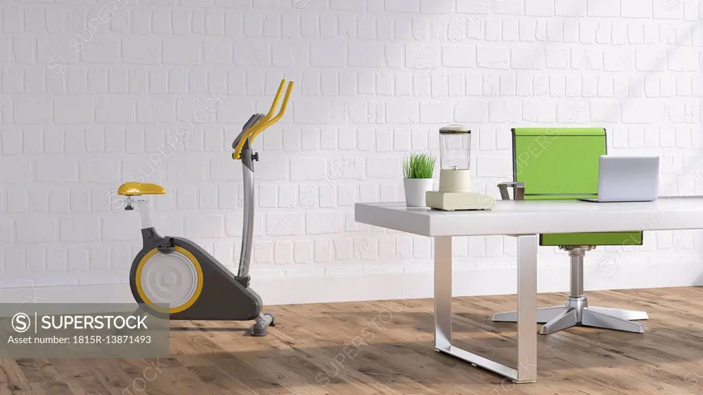 Workspace with Elliptical trainer, 3D Rendering