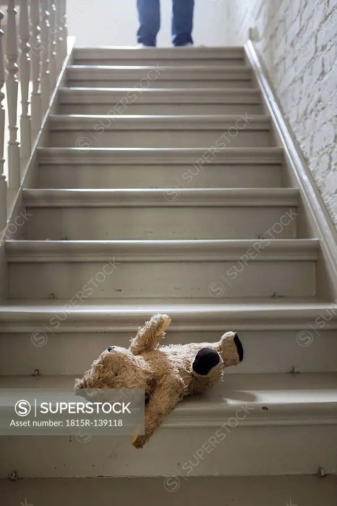 Teddybear on steps while man in background