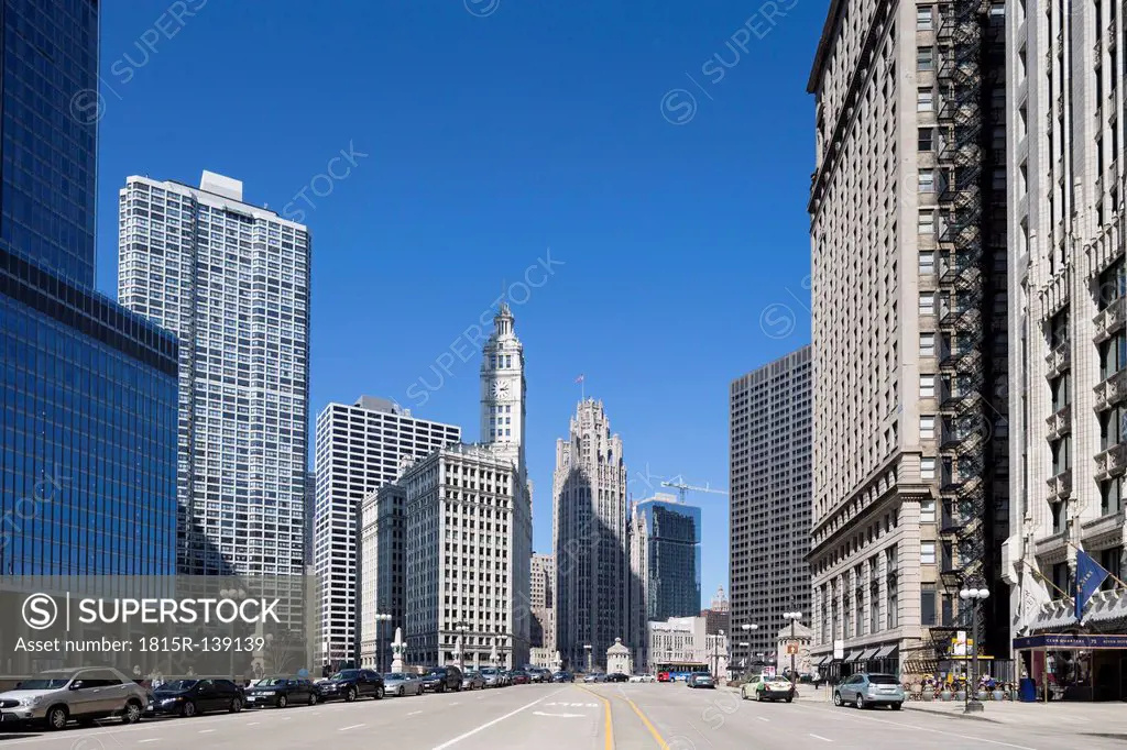 United States, Illinois, Chicago, View of Wrigley Building and Tribune Tower