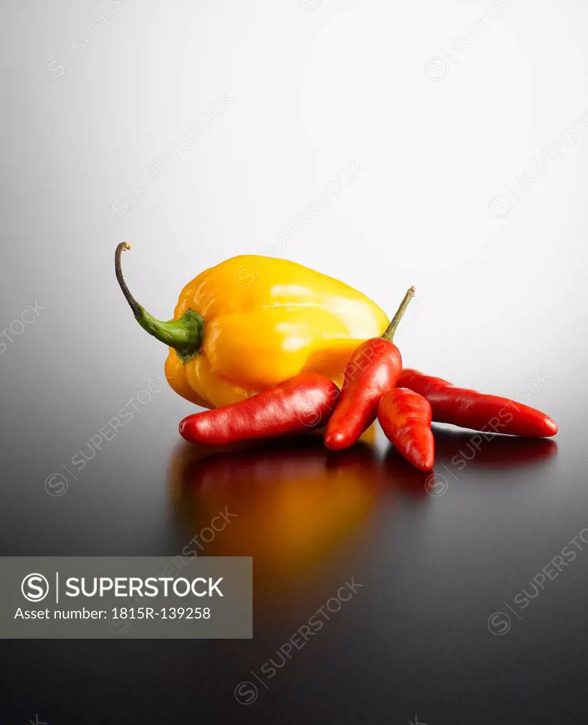 Habanero and chilis on coloured background, close up