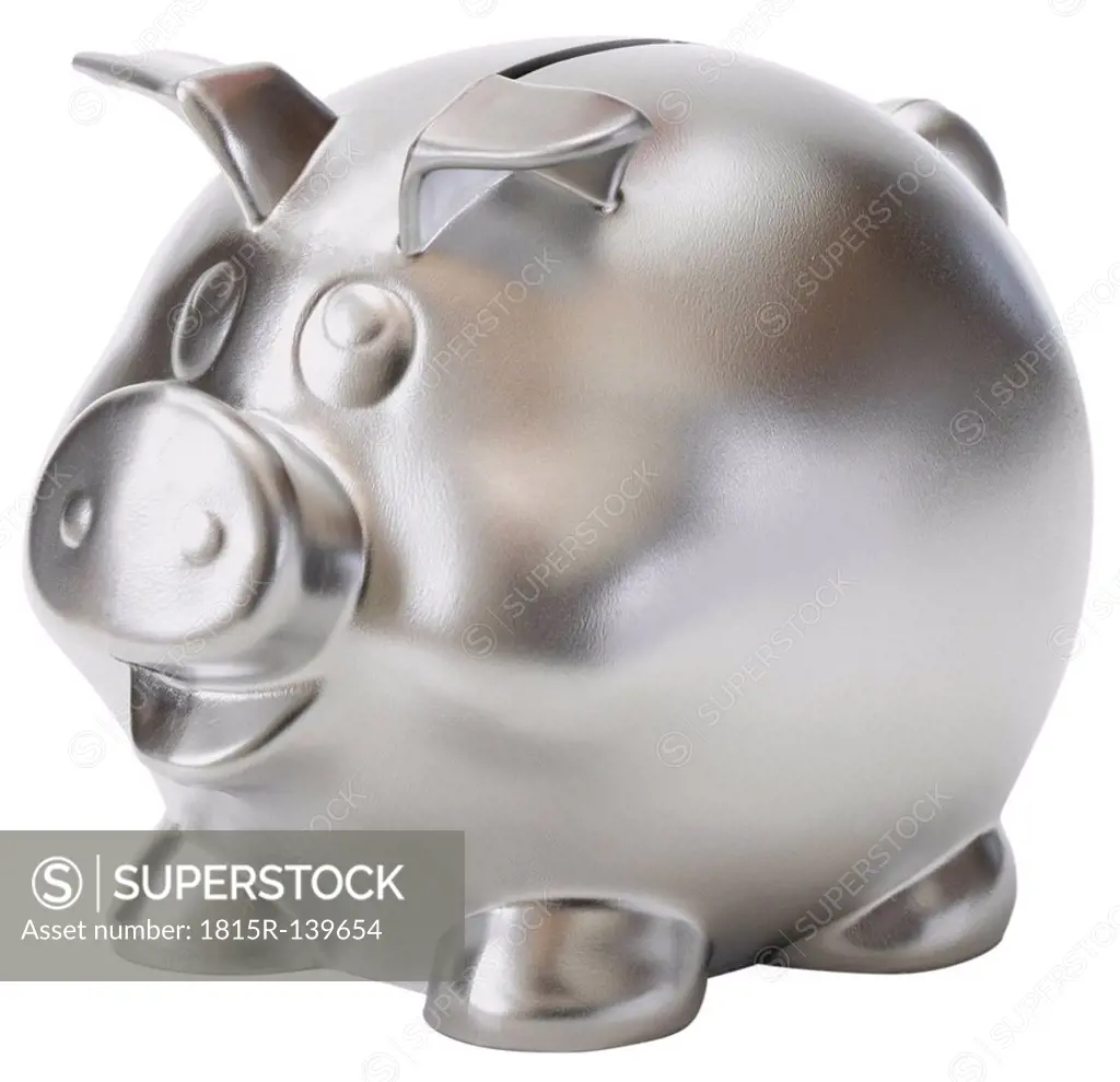 Silver piggy bank on white background, close up