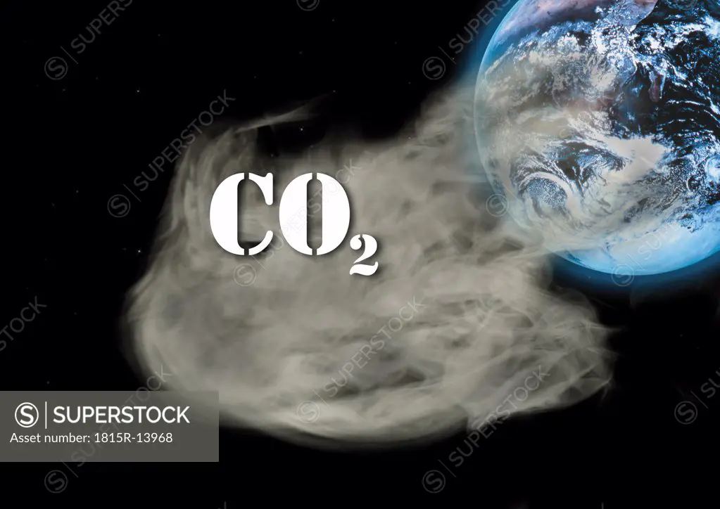 Carbon dioxide emissions and globe, digital composite