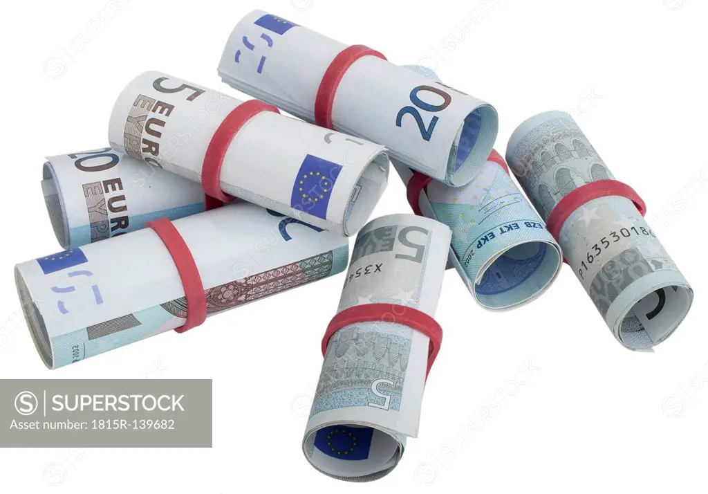 Different Euro Banknotes on white background, close up