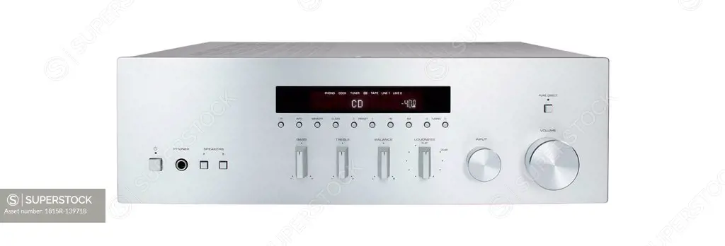 Stereo amplifier on white background, close up