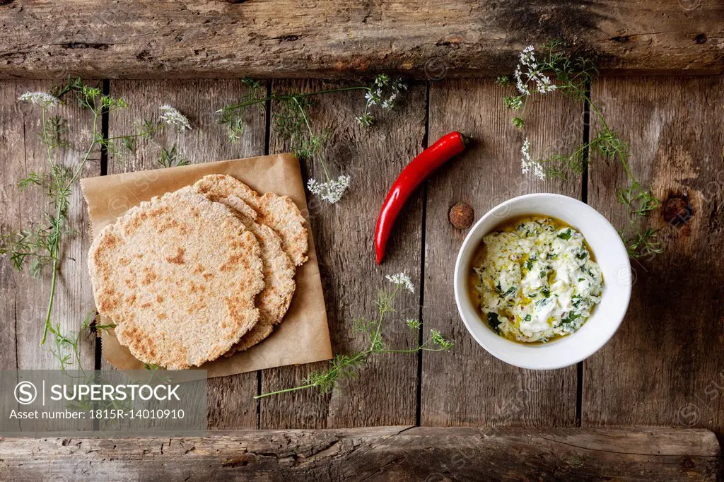 Home-baked Naan bread and bowl of curd dip