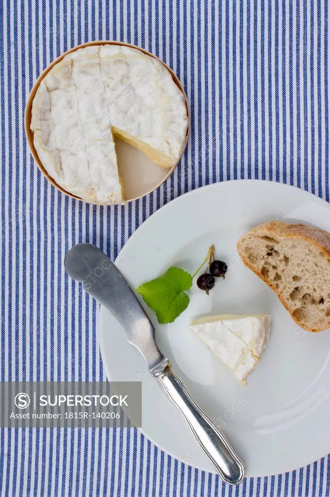Camembert cheese and bread with cheese knife on table