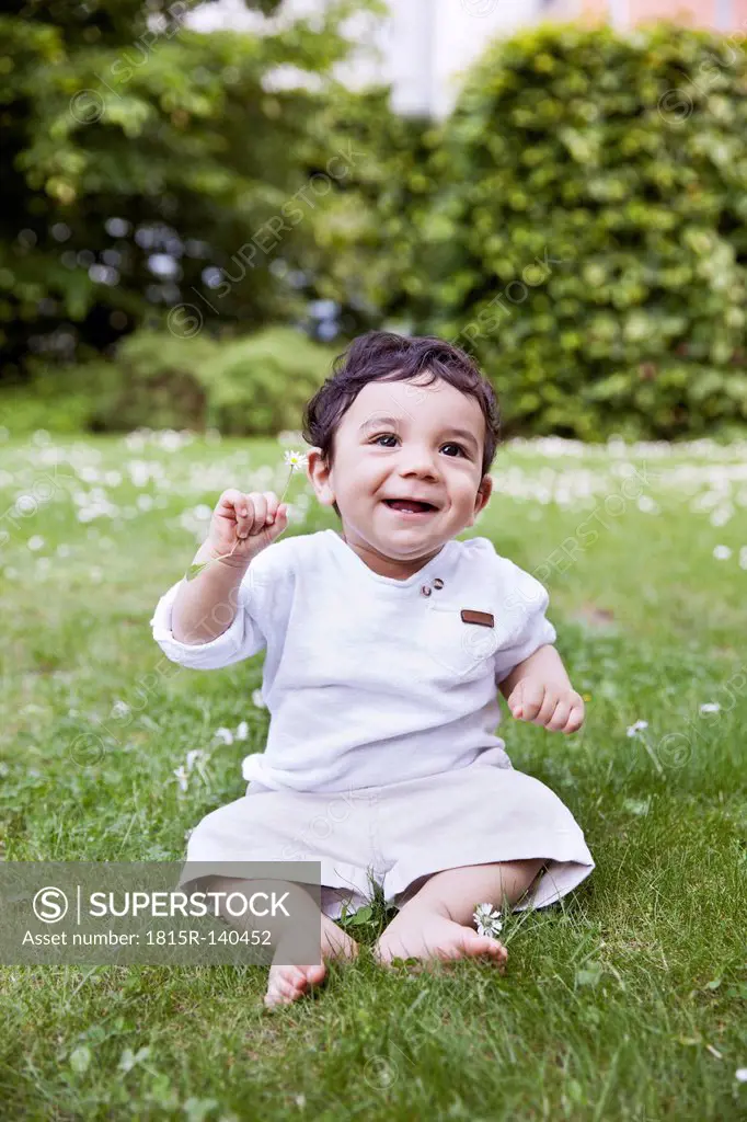 Baby boy sitting on grass and holding daisy flower, smiling