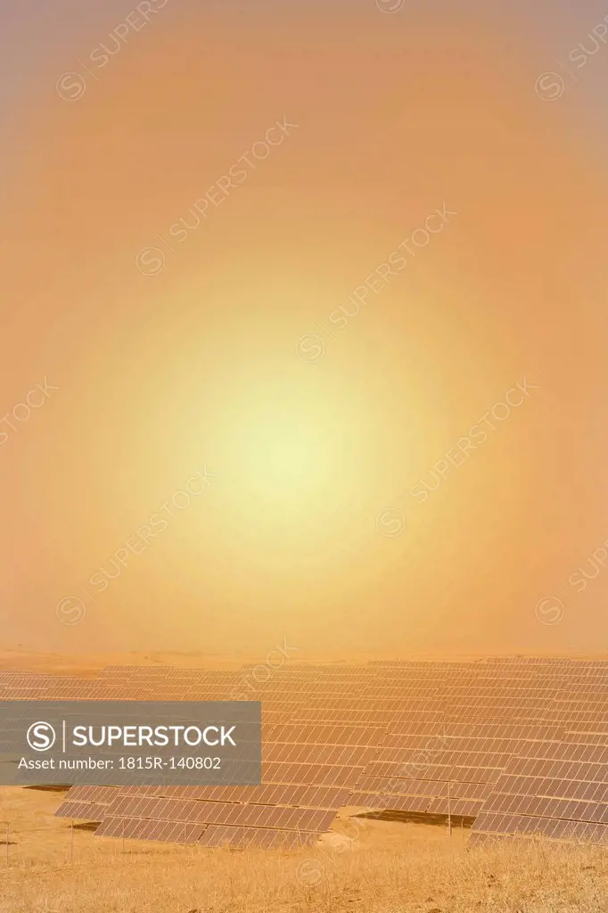 Spain, View of solar park at sunset