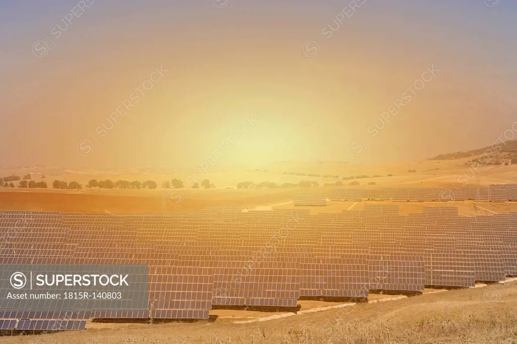 Spain, View of solar park at sunset