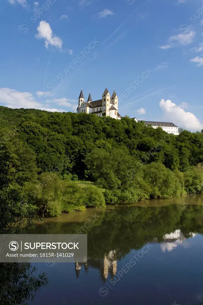 Germany, Rhineland Palatinate, View of Arnstein Abbey at Lahn River