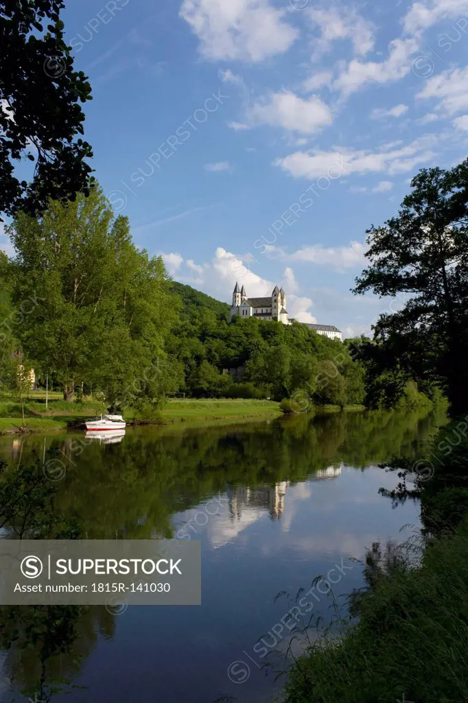 Germany, Rhineland Palatinate, View of Arnstein Abbey at Lahn River