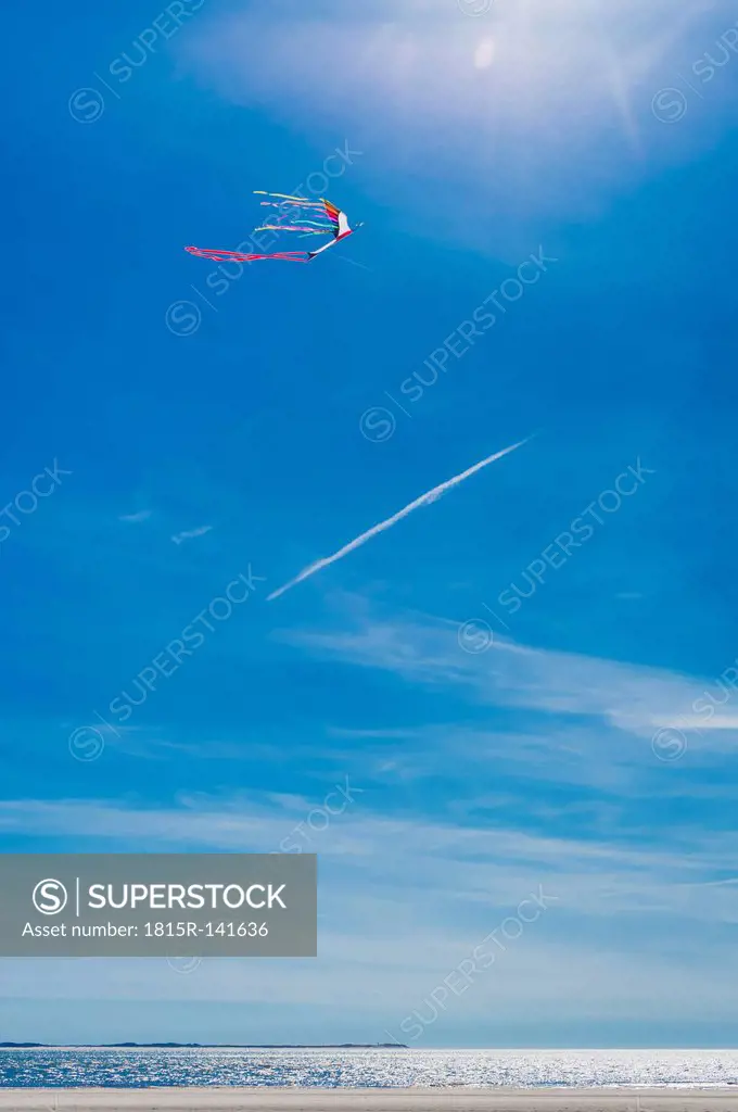 Denmark, Romo, Kite flying against sky at North Sea