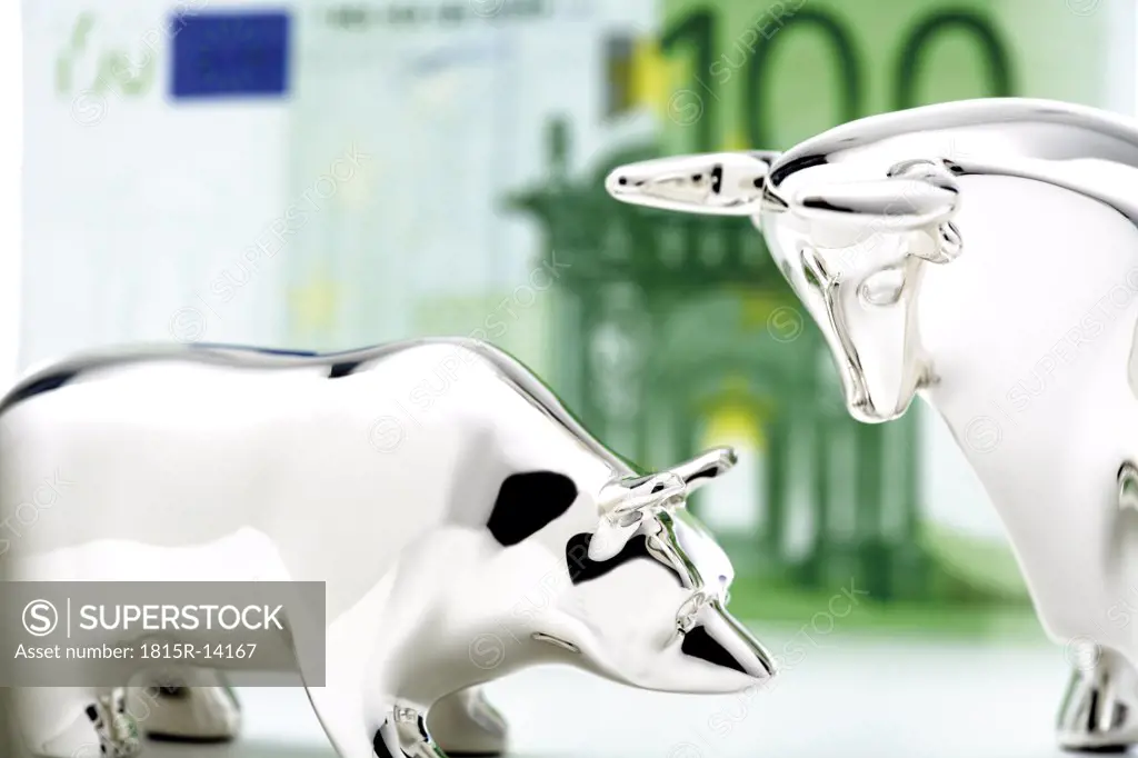 Bull and bear figurine, euro banknote in background, close-up