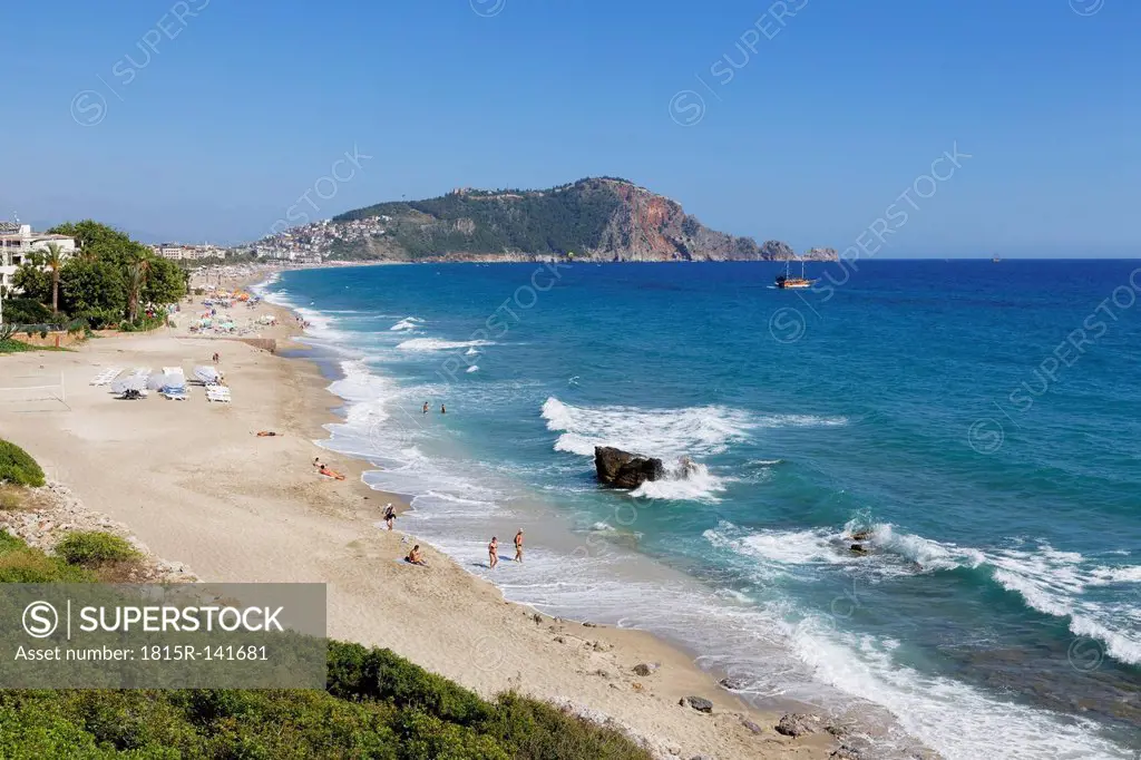 Turkey, Alanya, View of Cleopatra Beach and castle in background