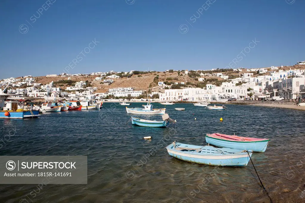Greece, Mykonos, Harbour with small fishing boats