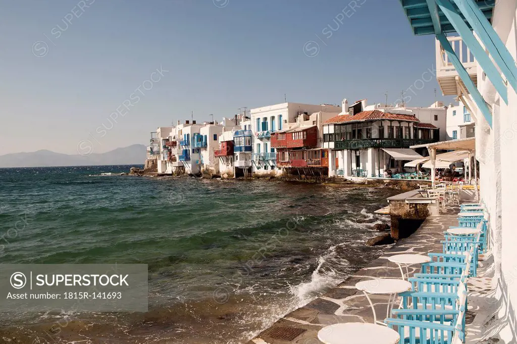 Greece, Mykonos, View of coffee shops at Little Venice