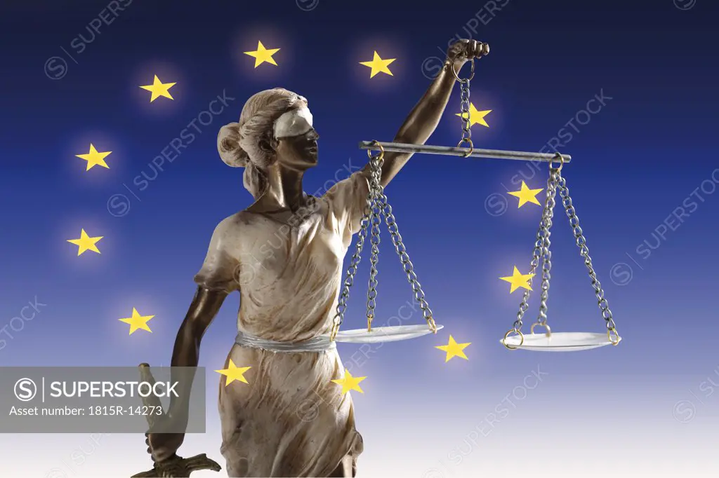 Justitia figurine in european flag, close-up