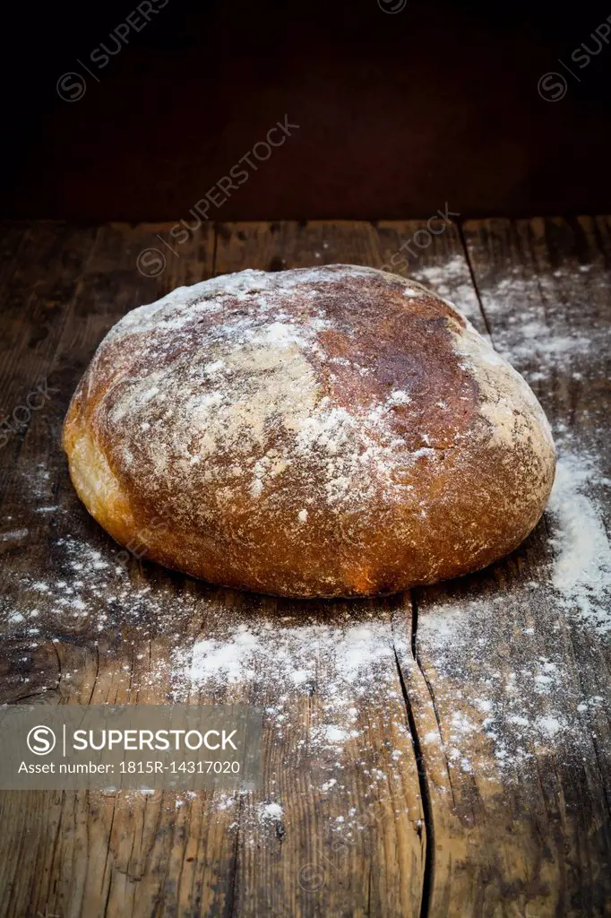 Wheat bread powdered with flour on dark wood